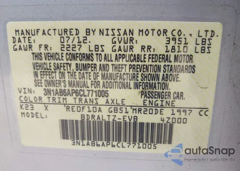 2012 Nissan Sentra 2.0 Sr z USA, uszkodzony, nr VIN 3N1AB6AP6CL771005